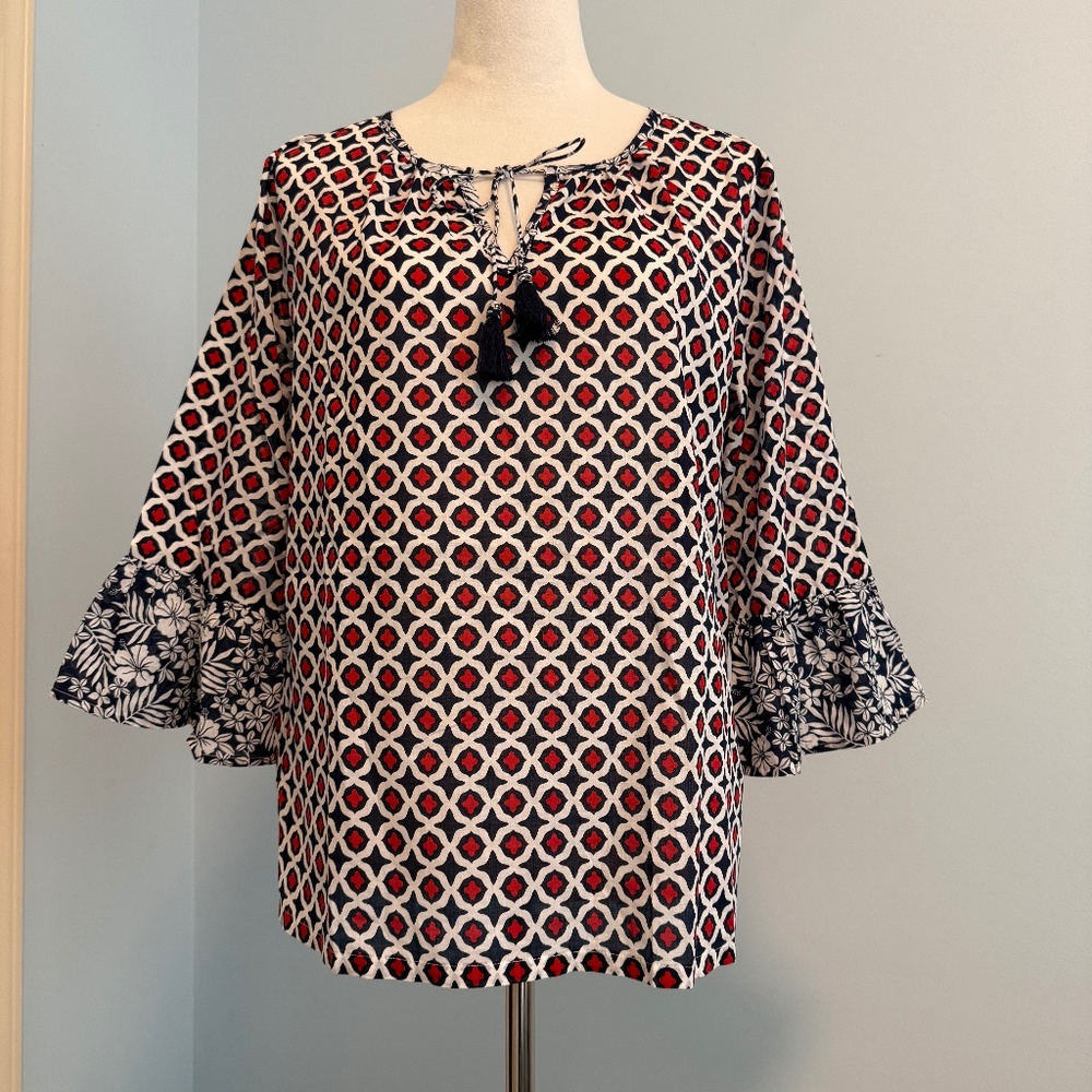 Tommy Bahama Women’s Geo Floral 100% Cotton Split Neck Top size S‎
